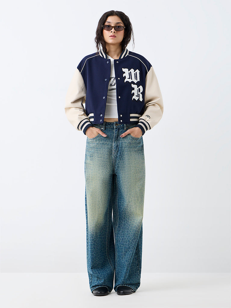 Nuon Navy Colour-Blocked Varsity Jacket