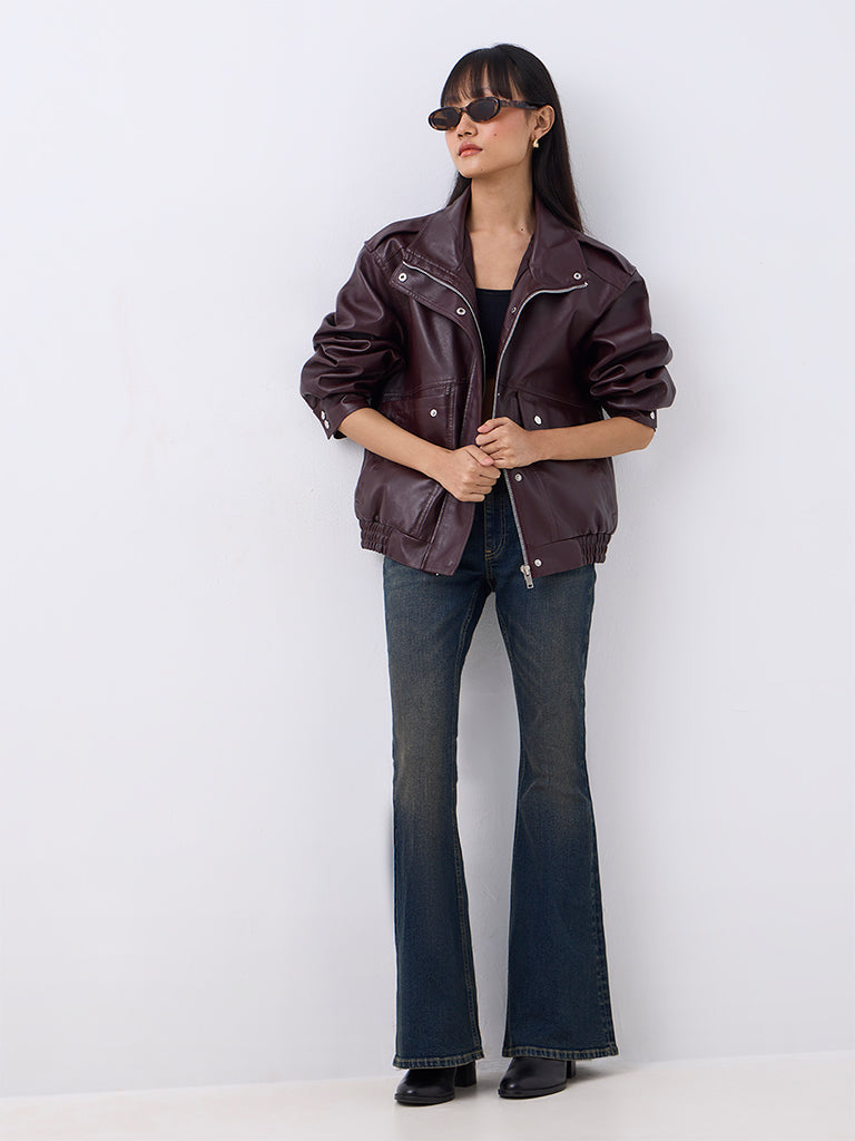 Nuon Burgundy Solid Faux Leather Jacket