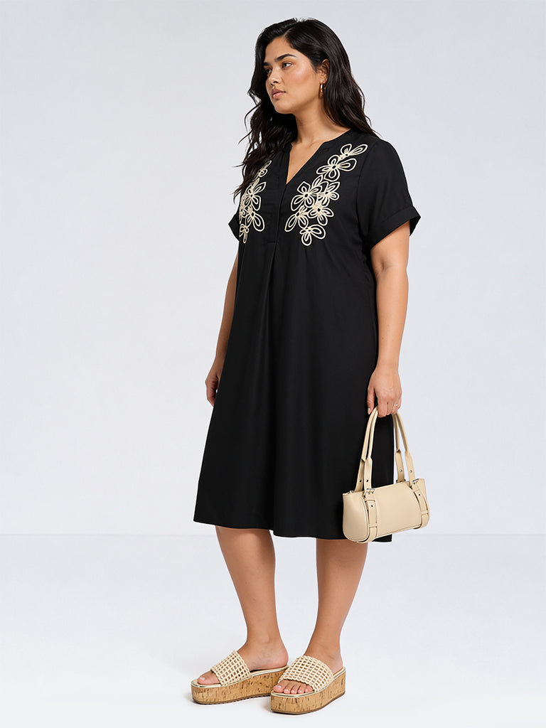 Gia Black Floral Detailed A-Line Dress