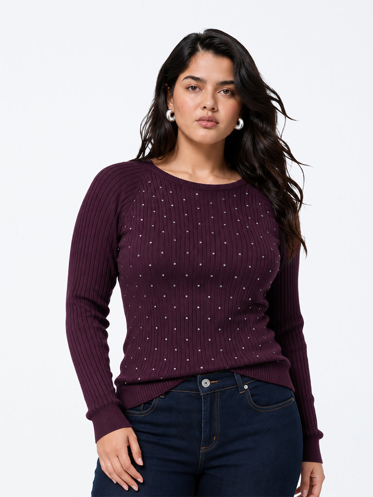 Gia Purple Rhinestone Embellished Knitted Sweater