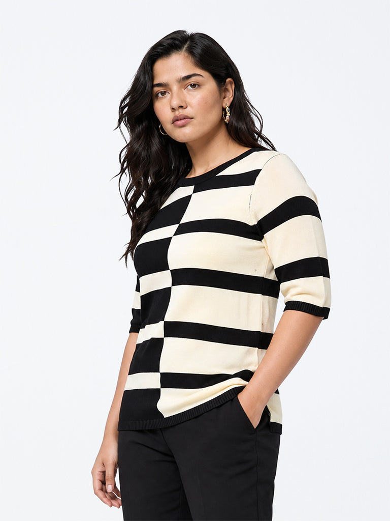 Gia Black and Off-White Colour-Blocked Striped Sweater