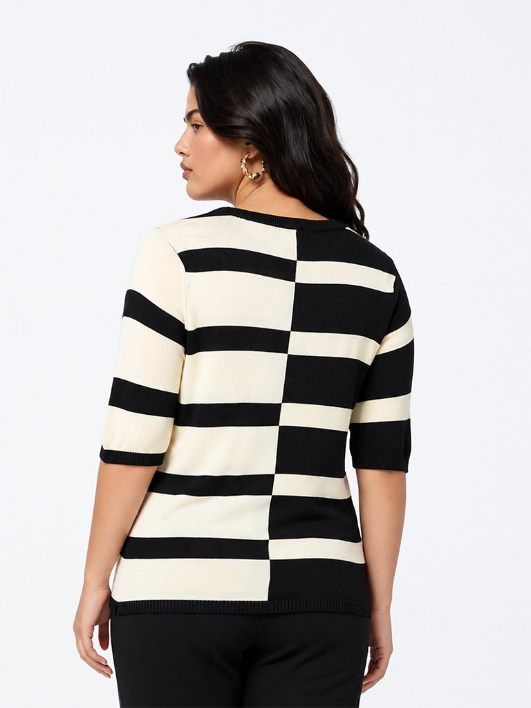 Gia Black and Off-White Colour-Blocked Striped Sweater