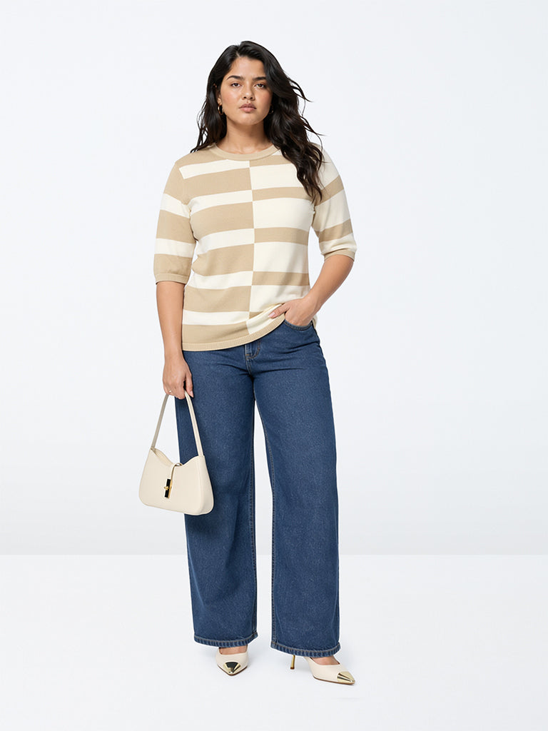 Gia Beige and Cream Colour-Blocked Striped Sweater