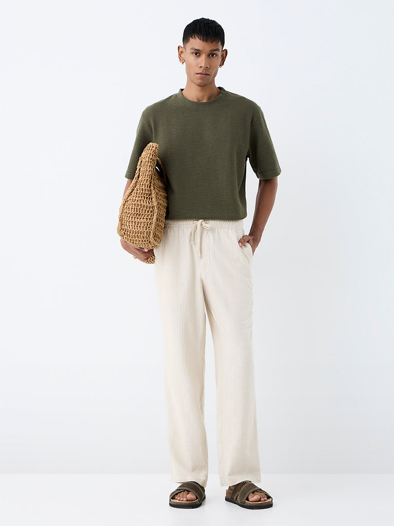 ETA Ivory Striped Relaxed-Fit Mid-Rise Cotton Chinos