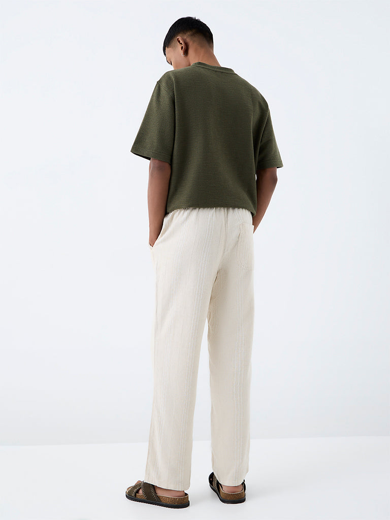 ETA Ivory Striped Relaxed-Fit Mid-Rise Cotton Chinos