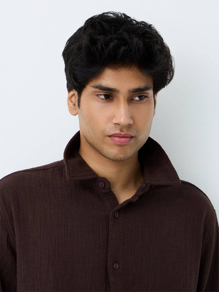 ETA Dark Brown Crinkle-Textured Relaxed-Fit Cotton Shirt
