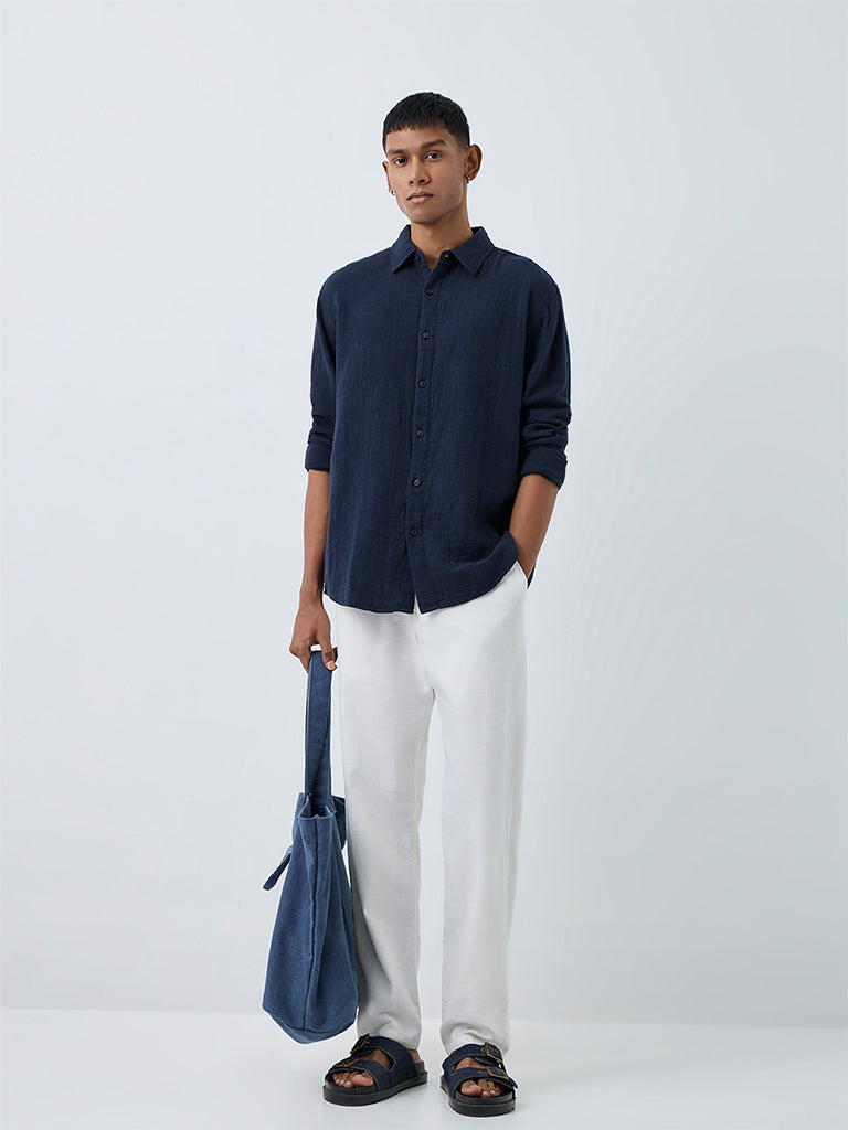 ETA Navy Crinkle-Textured Relaxed-Fit Cotton Shirt