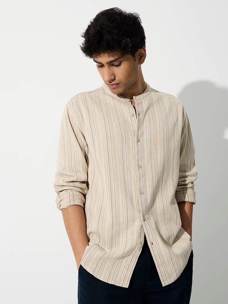 ETA Light Beige Striped Relaxed-Fit Cotton Shirt