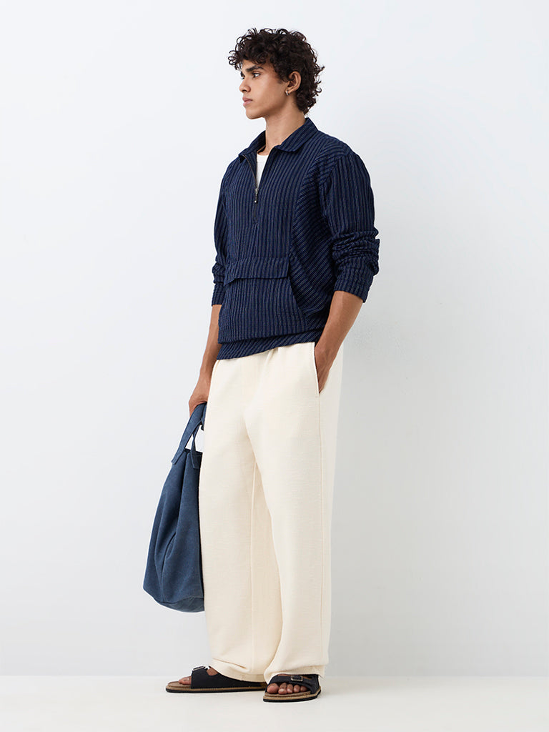 ETA Navy Striped Quarter-Zip Relaxed-Fit Cotton Shirt