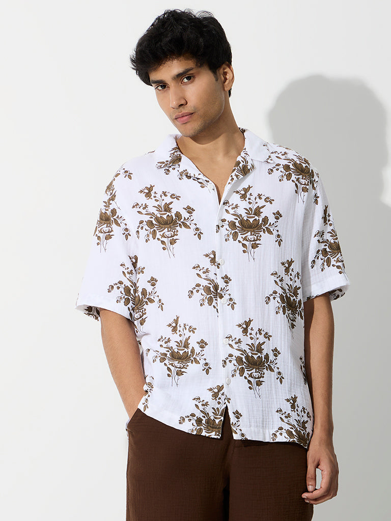 ETA White Floral Printed Relaxed-Fit Cotton Shirt