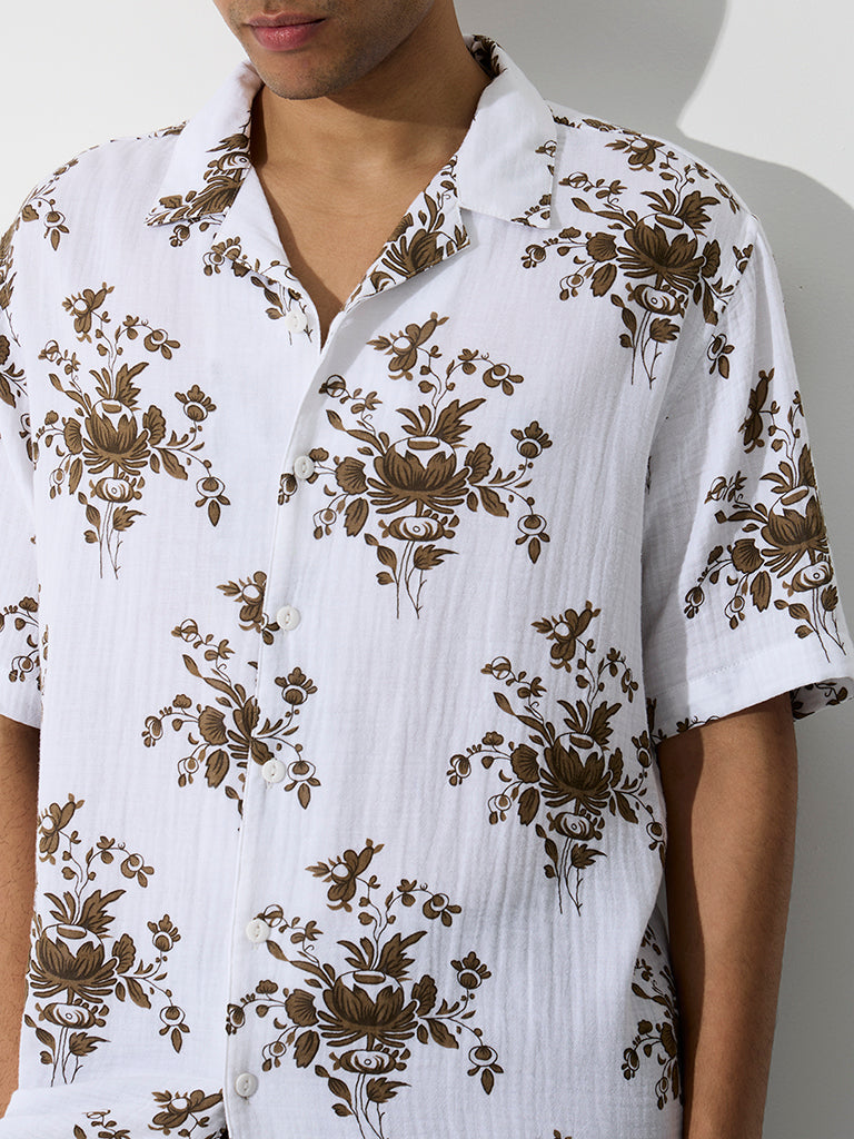 ETA White Floral Printed Relaxed-Fit Cotton Shirt