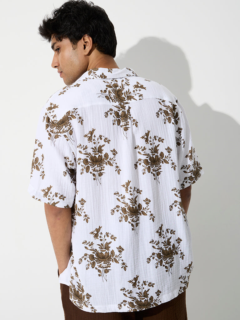 ETA White Floral Printed Relaxed-Fit Cotton Shirt