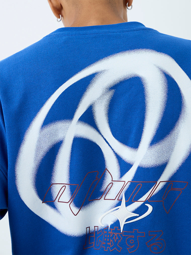 Nuon Blue Graphic Printed Relaxed-Fit Cotton Sweatshirt