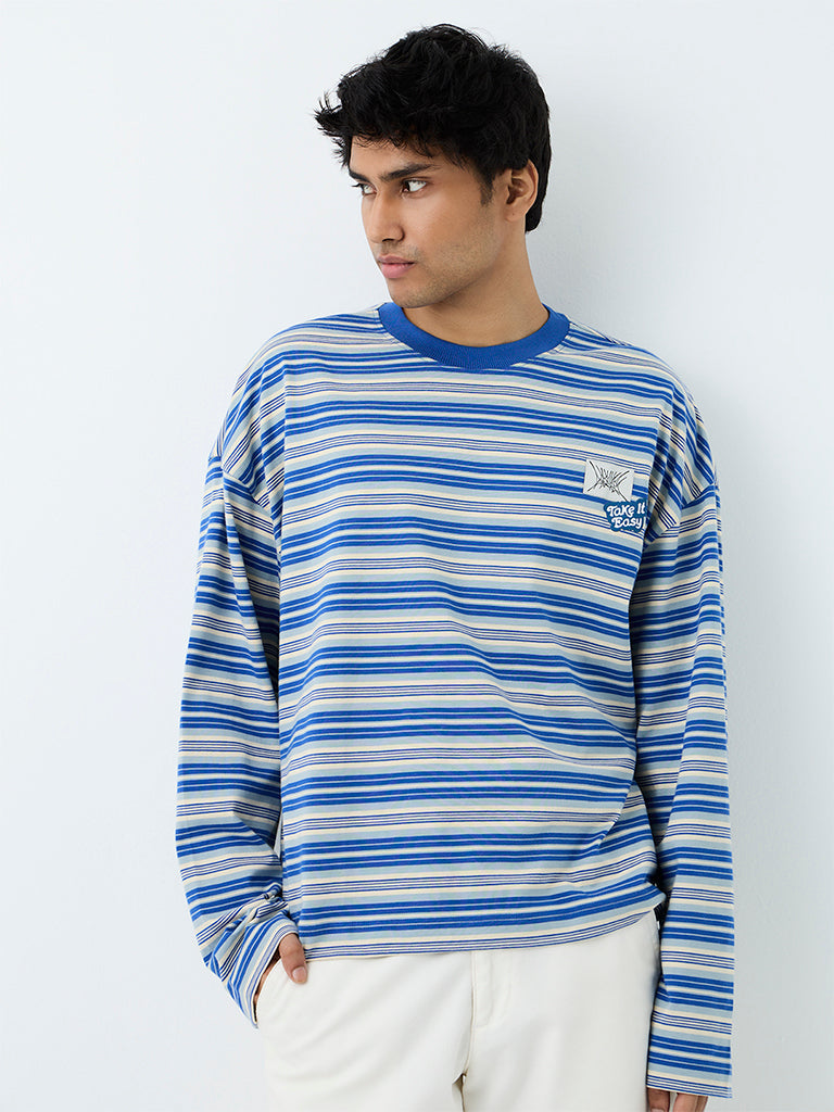 Nuon Blue Striped Relaxed-Fit Cotton T-Shirt