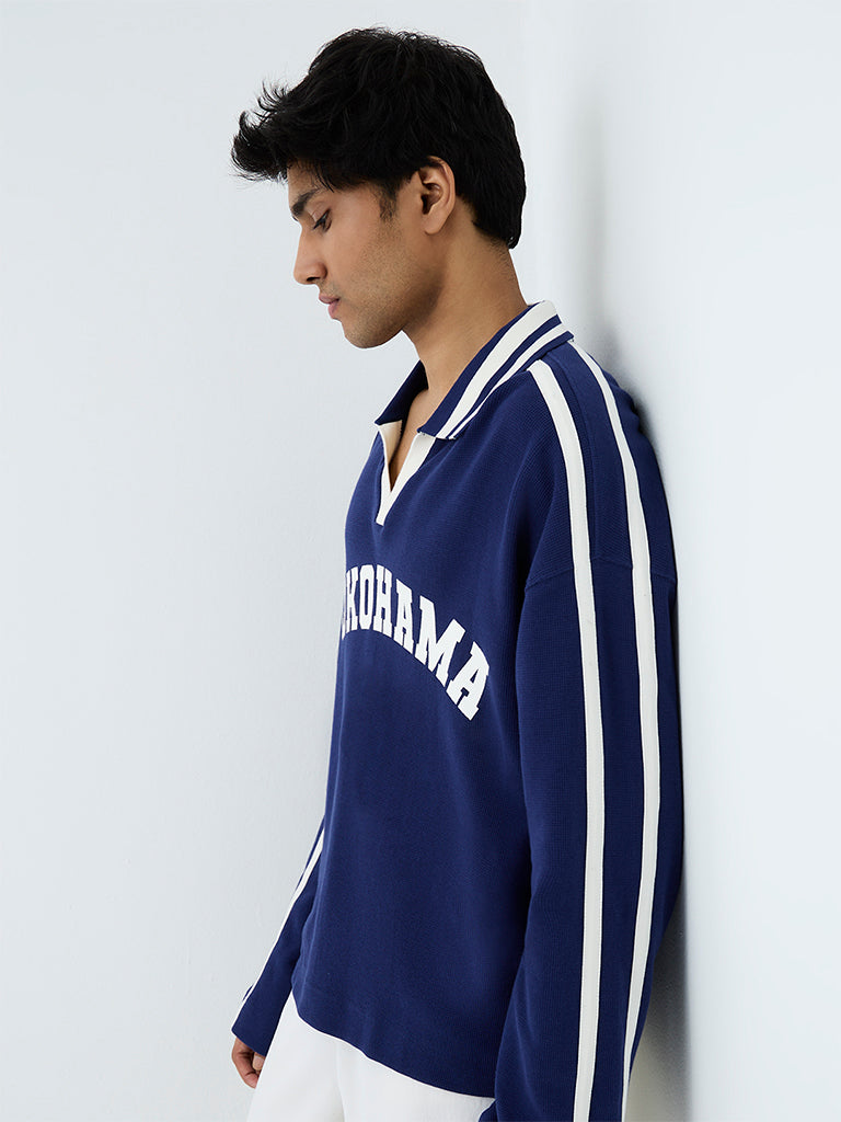 Nuon Navy Text Embossed Oversized Cotton T-Shirt
