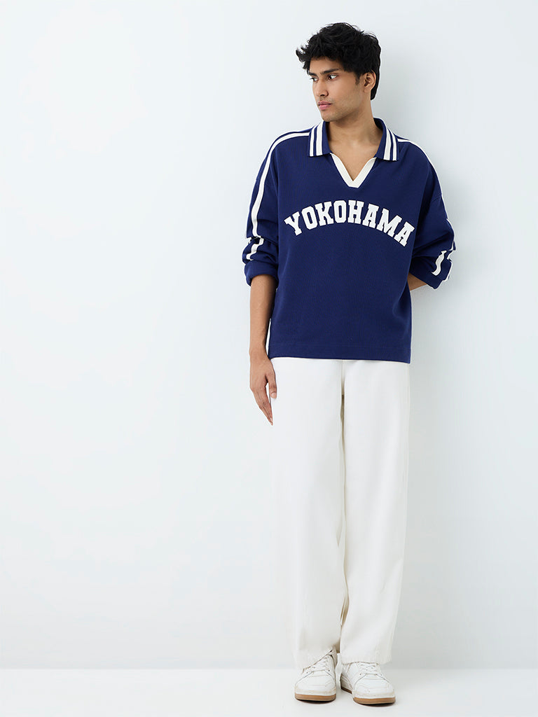 Nuon Navy Text Embossed Oversized Cotton T-Shirt