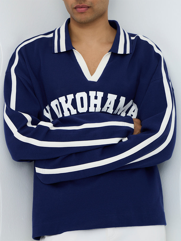 Nuon Navy Text Embossed Oversized Cotton T-Shirt