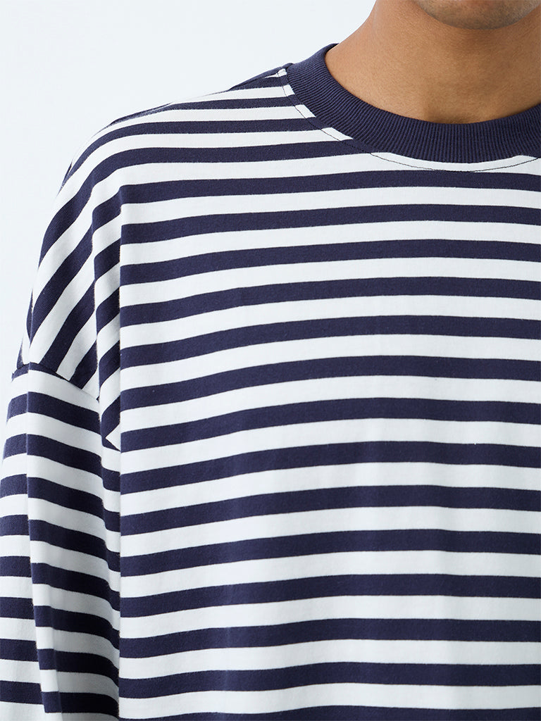 Nuon Navy Striped Oversized-Fit Cotton T-Shirt