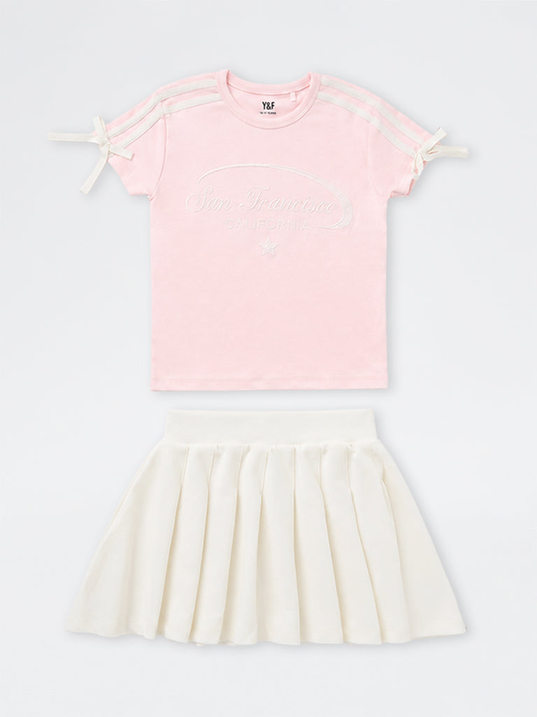Girls Pink Text Design Cotton-Blend T-Shirt and Skirt Set