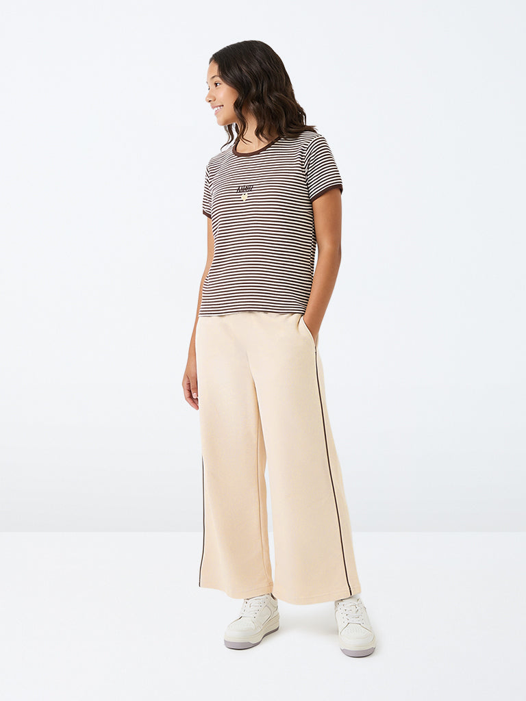 Girls Beige Pipeline-Detail High-Rise Cotton-Blend Track Pants