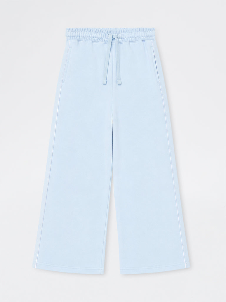 Girls Light Blue High-Rise Cotton-Blend Pants