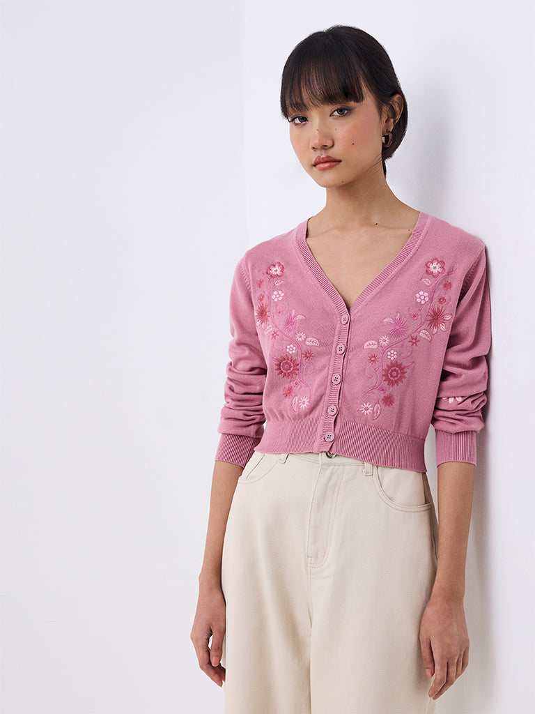 Bombay Paisley Pink Floral Embroidered Cotton Cardigan