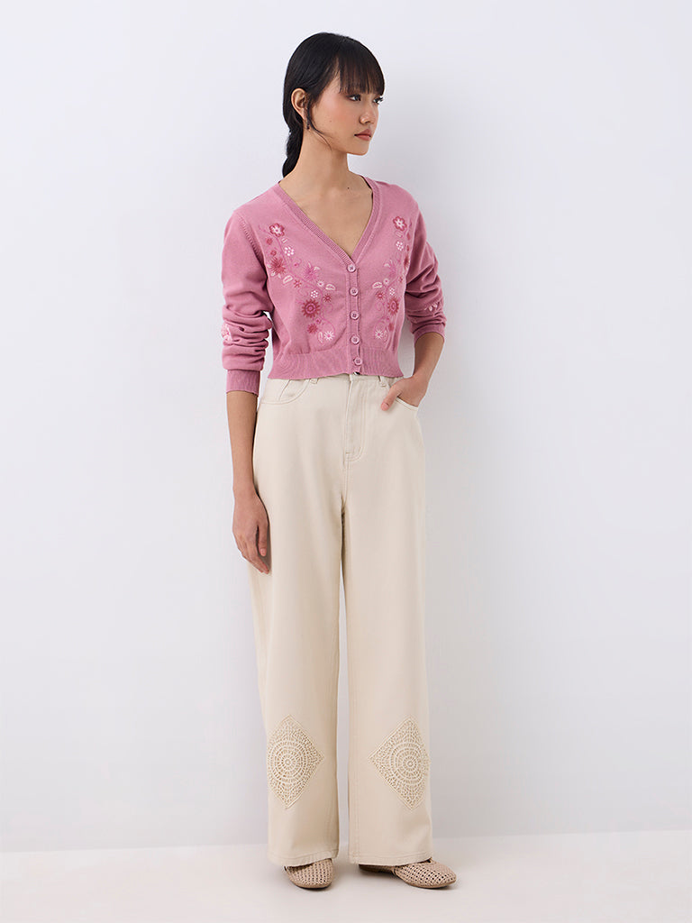 Bombay Paisley Pink Floral Embroidered Cotton Cardigan