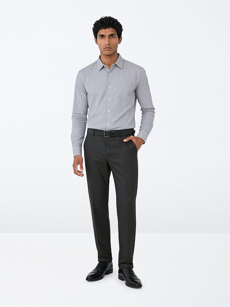 WES Formals Black Checkered Carrot-Fit Mid-Rise Trousers