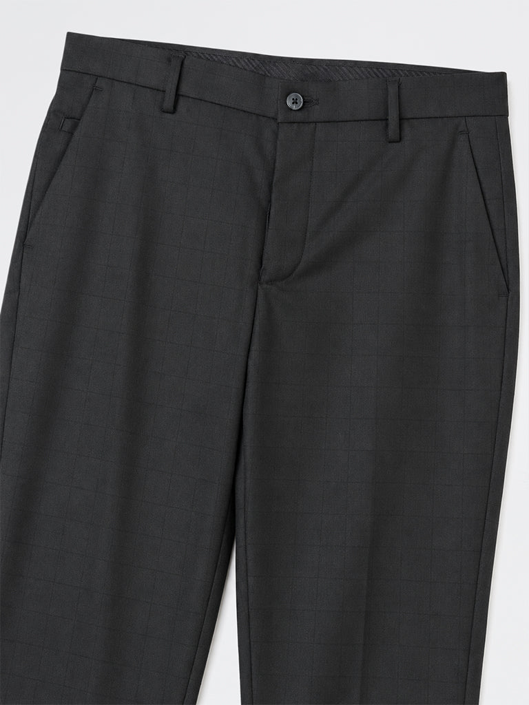 WES Formals Black Checkered Carrot-Fit Mid-Rise Trousers