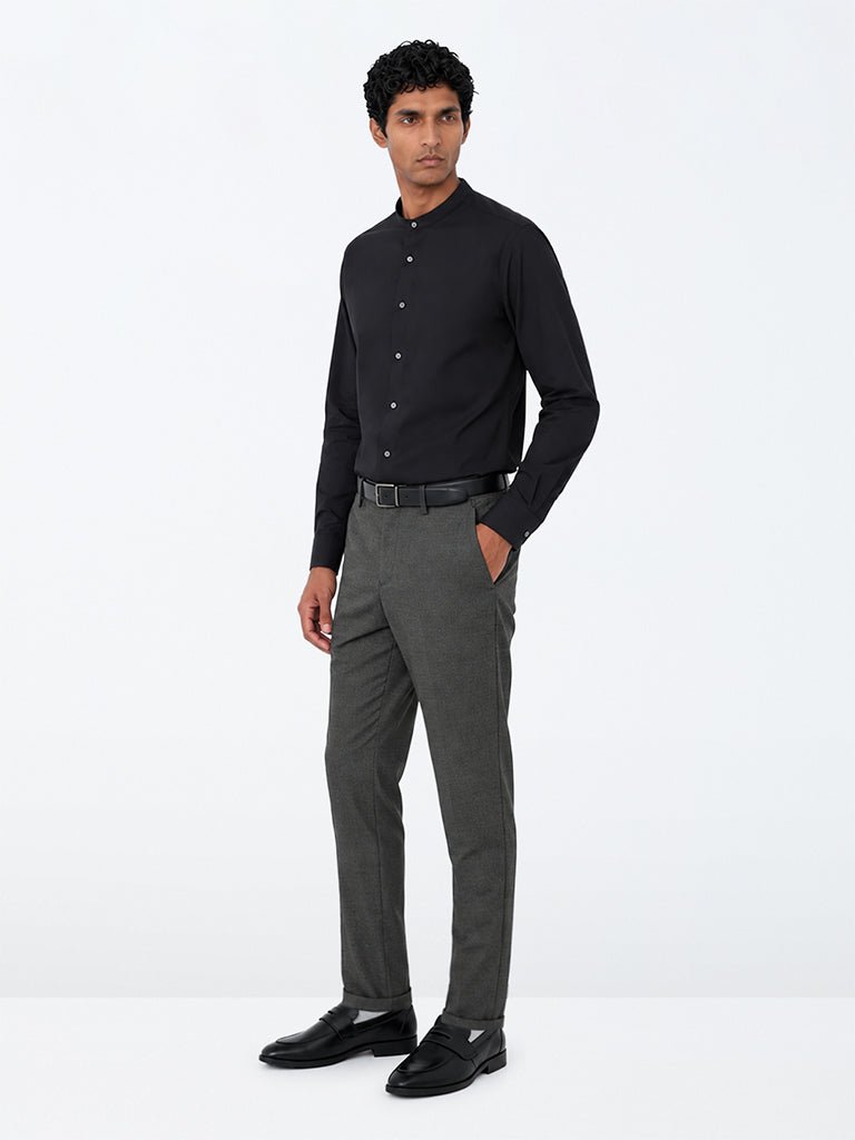 WES Formals Charcoal Textured Carrot-Fit Mid-Rise Trousers