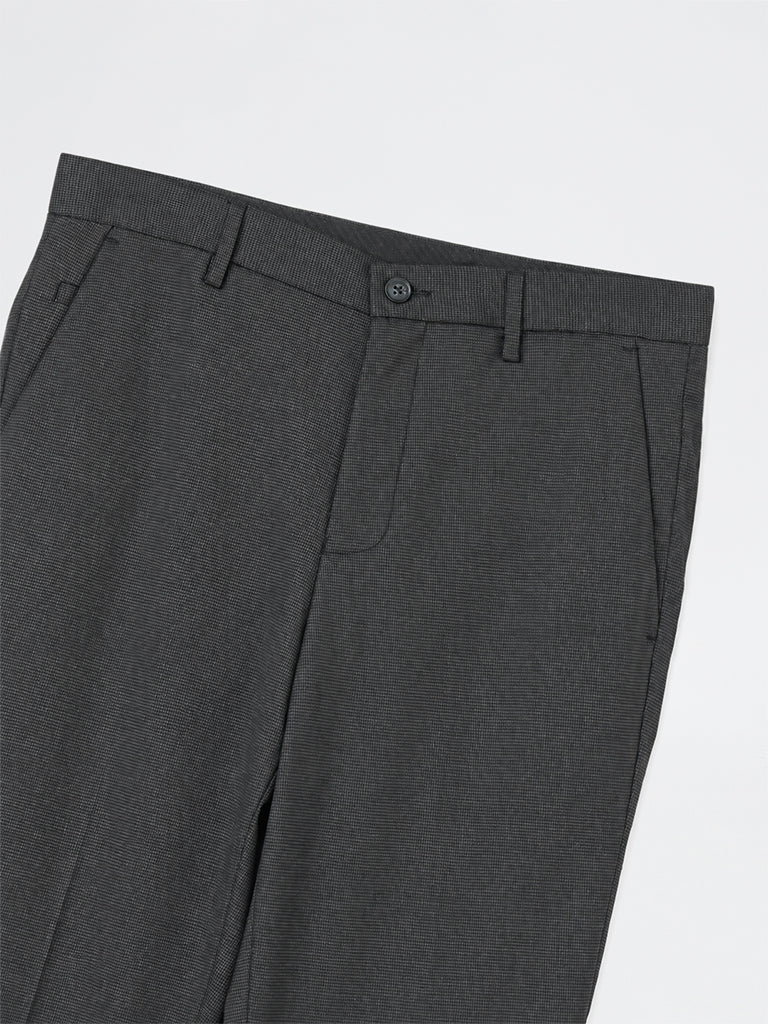 WES Formals Charcoal Textured Carrot-Fit Mid-Rise Trousers