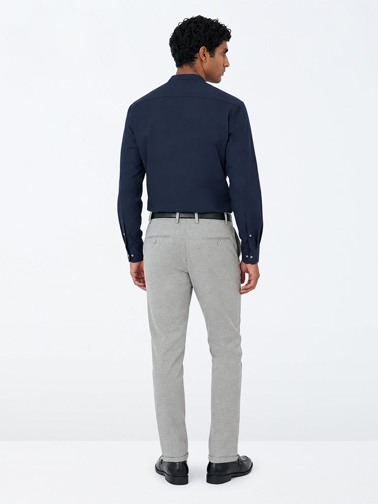WES Formals Light Grey Textured Carrot-Fit Mid-Rise Trousers