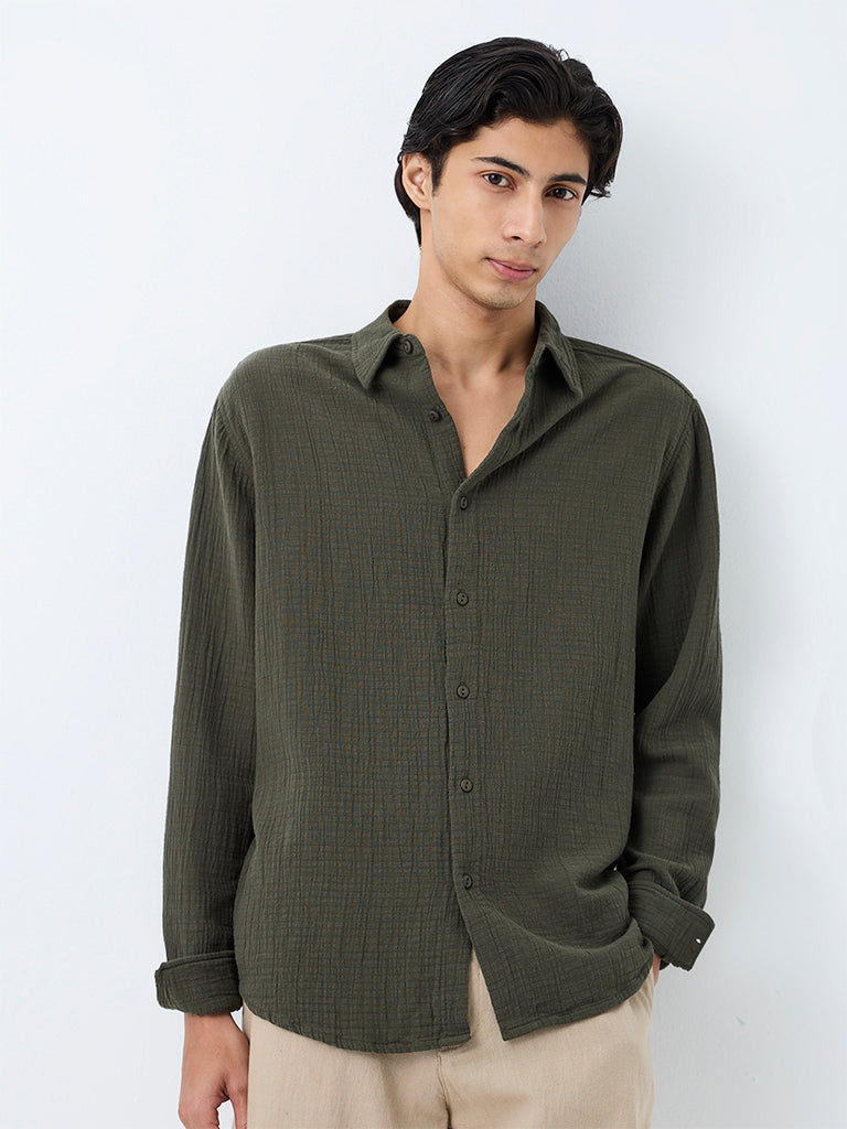 ETA Dark Olive Crinkle-Textured Relaxed-Fit Cotton Shirt