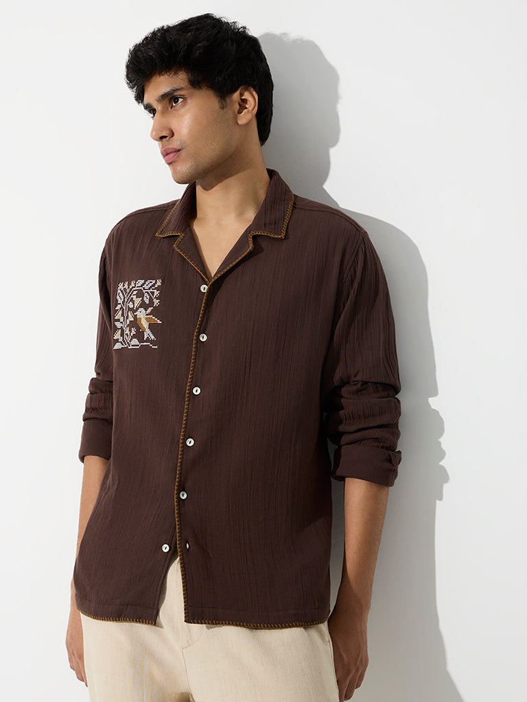 ETA Dark Brown Embroidered Relaxed-Fit Cotton Shirt