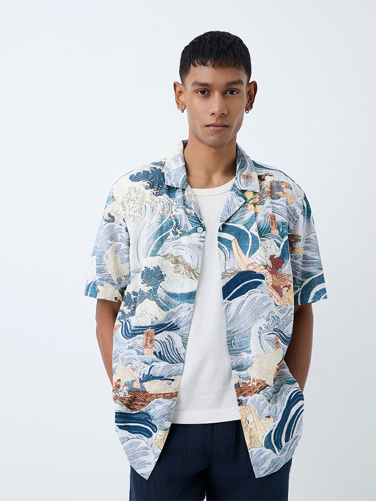 ETA Blue Scenic-Inspired Relaxed-Fit Cotton-Blend Shirt