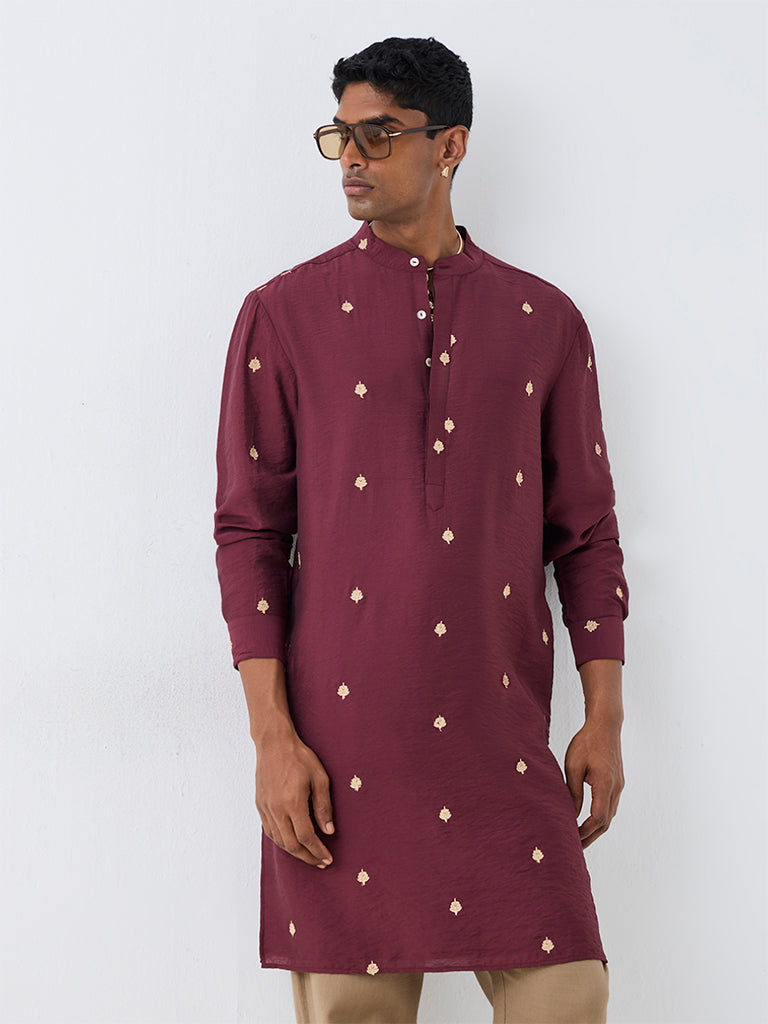 Kala by ETA Wine Foliage Embroidered Relaxed-Fit Kurta