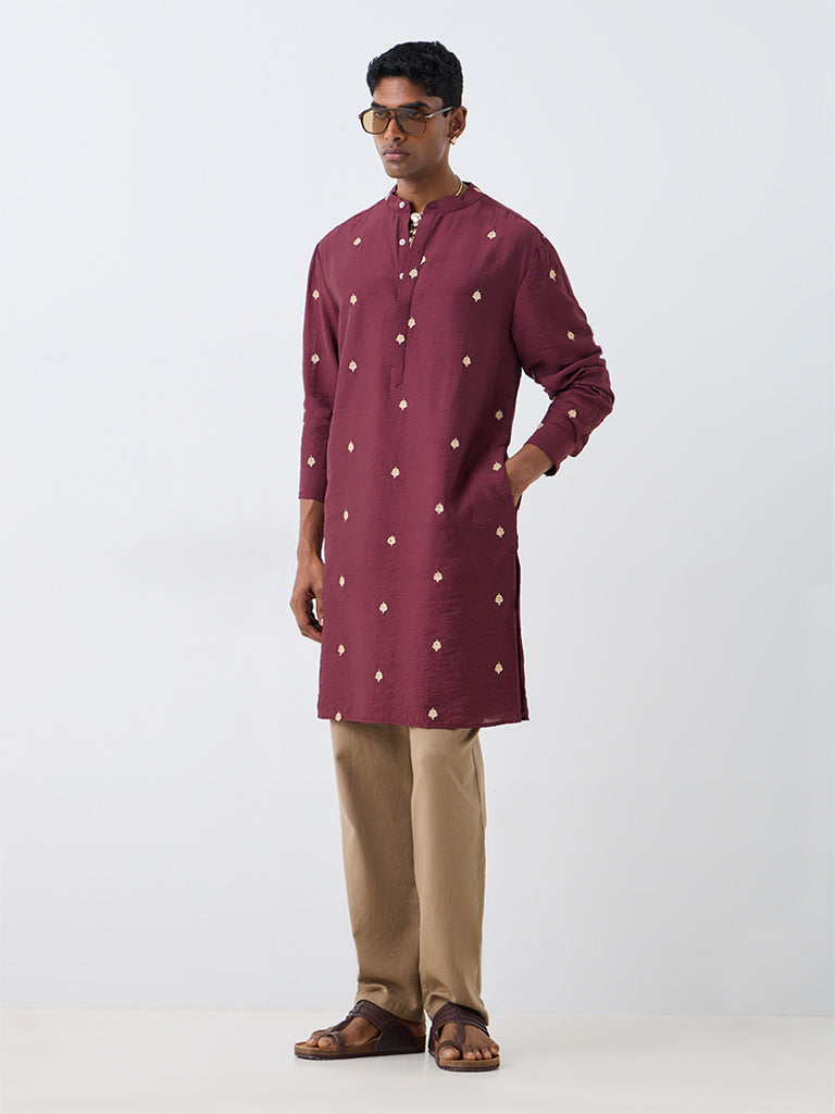 Kala by ETA Wine Foliage Embroidered Relaxed-Fit Kurta