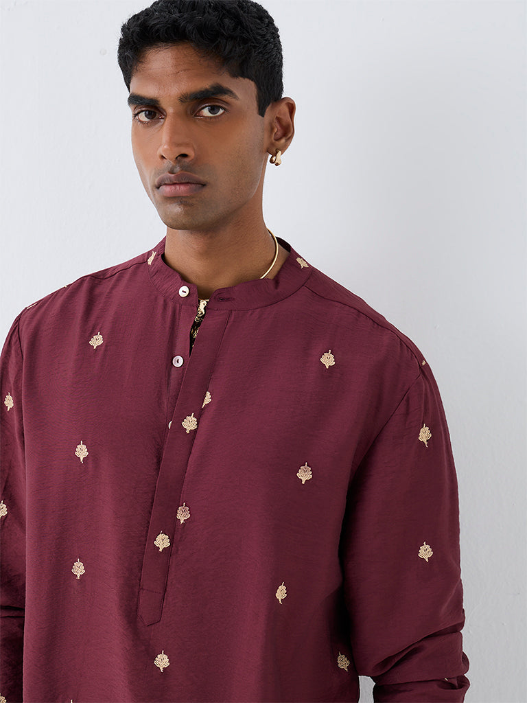 Kala by ETA Wine Foliage Embroidered Relaxed-Fit Kurta