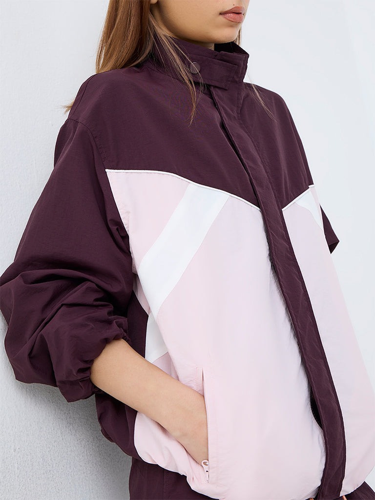 Nuoflexx Dark Plum Colour-Block Windbreaker Jacket