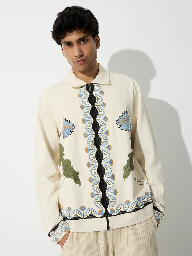 ETA Cream Floral Embroidered Relaxed-Fit Cotton Jacket