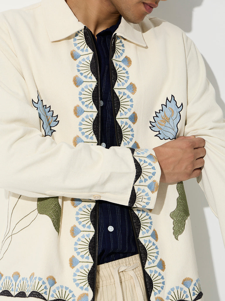 ETA Cream Floral Embroidered Relaxed-Fit Cotton Jacket