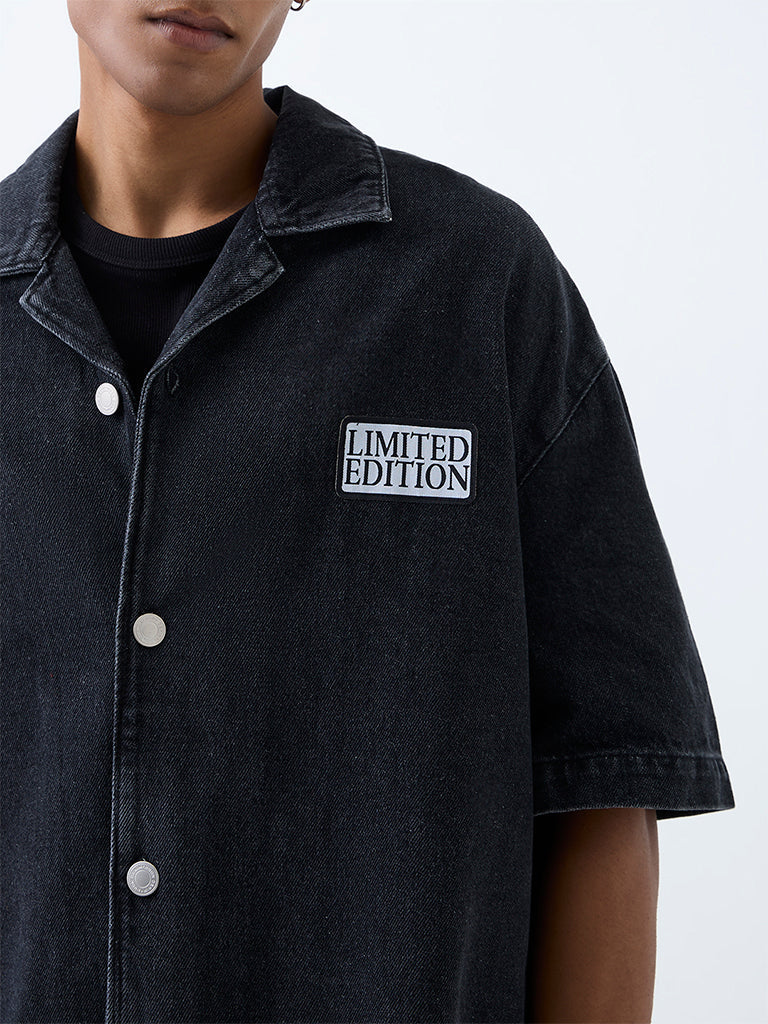 Nuon Dark Charcoal Text-Detail Boxy-Fit Denim Shirt