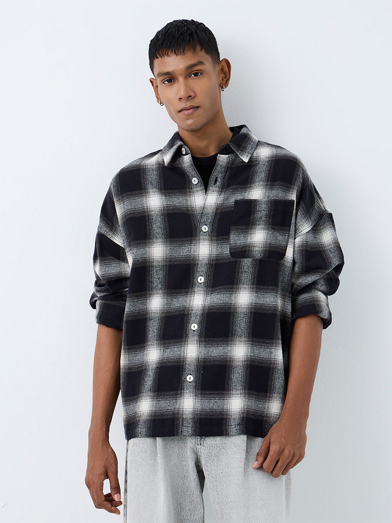 Nuon Black Checkered Boxy-Fit Cotton Shirt
