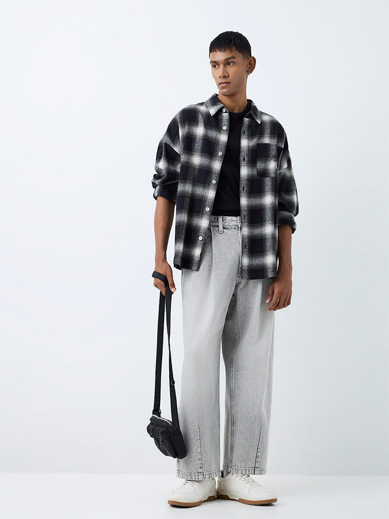 Nuon Black Checkered Boxy-Fit Cotton Shirt