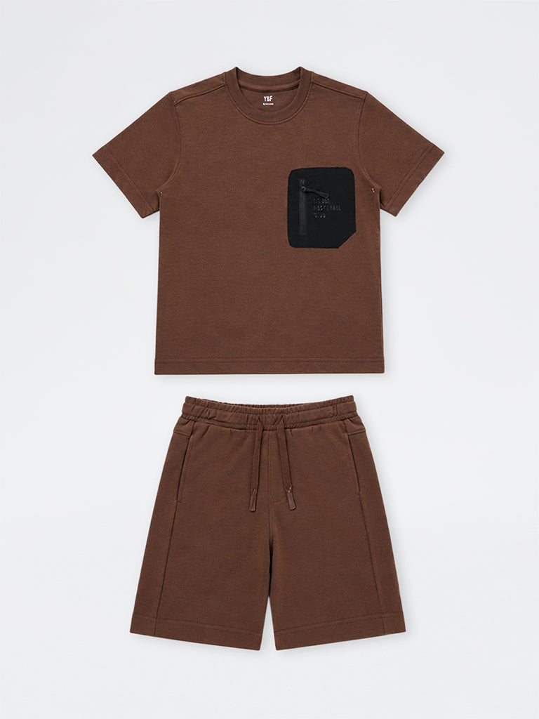 Boys Dark Brown Pocket-Detail Cotton-Blend T-Shirt and Shorts Set