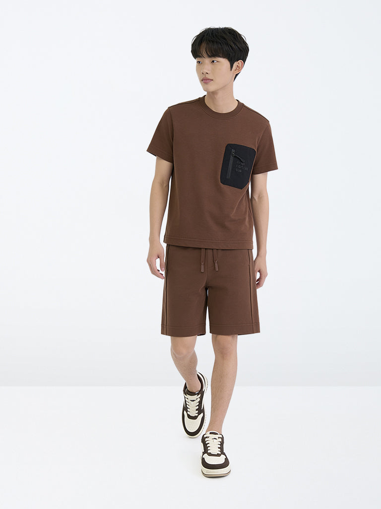 Boys Dark Brown Pocket-Detail Cotton-Blend T-Shirt and Shorts Set