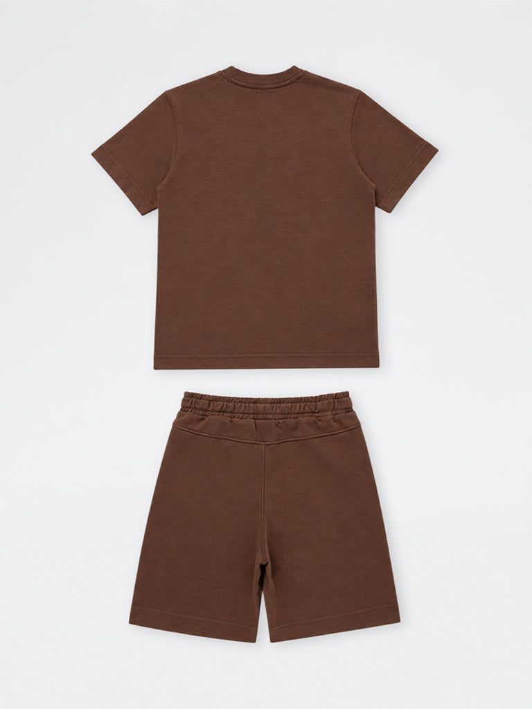 Boys Dark Brown Pocket-Detail Cotton-Blend T-Shirt and Shorts Set