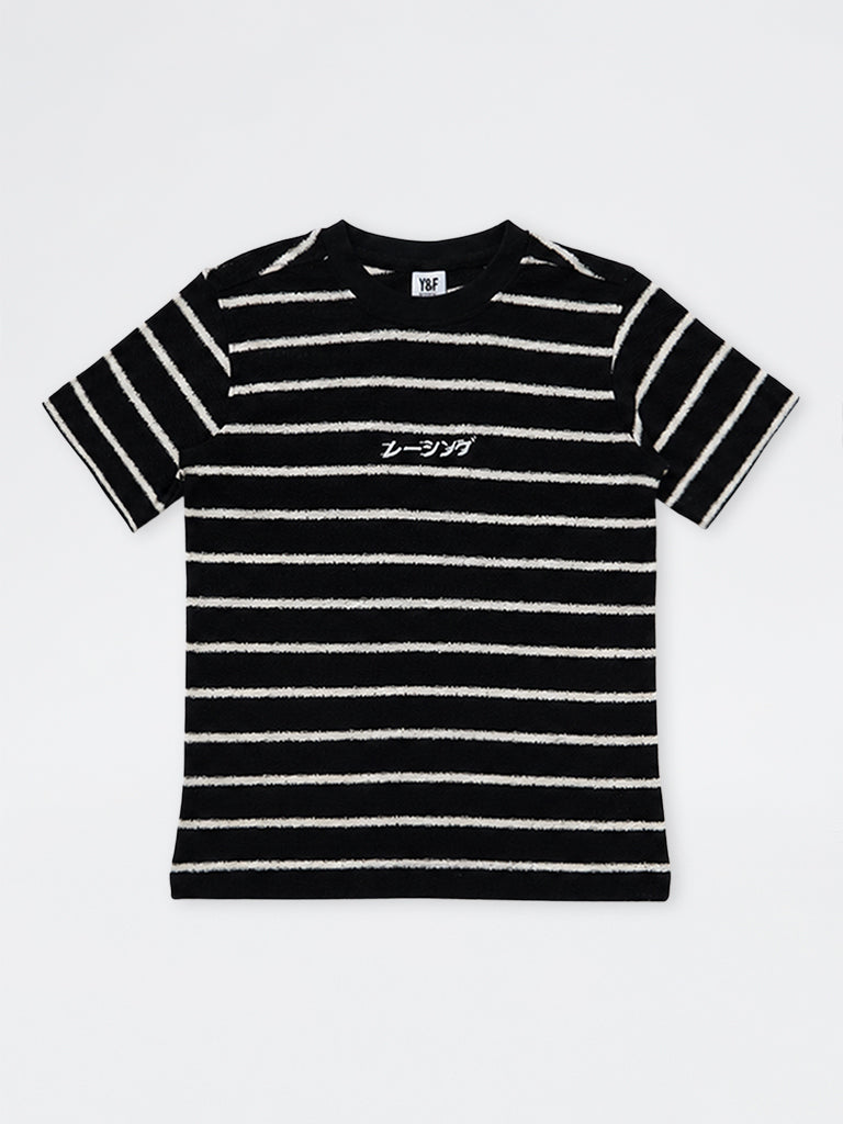 Boys Black Striped Knit-Textured Cotton-Blend T-Shirt