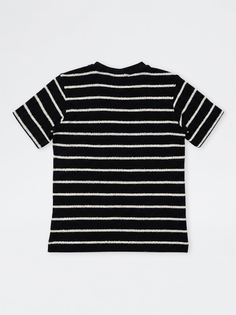 Boys Black Striped Knit-Textured Cotton-Blend T-Shirt