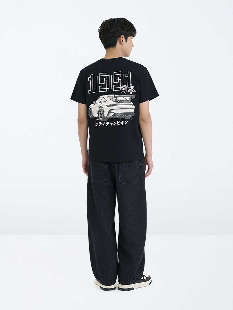 Boys Black Washed Patch-Detail Mid-Rise Jeans